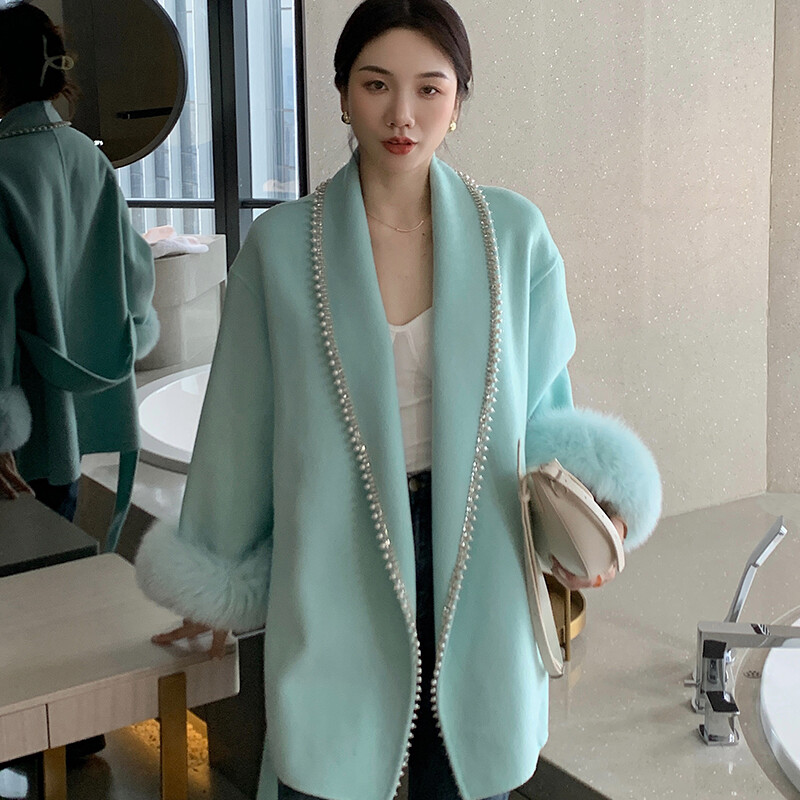 Women's Wool Cashmere Trench Coat with Fox Fur Trim Double-Sided Jacket  