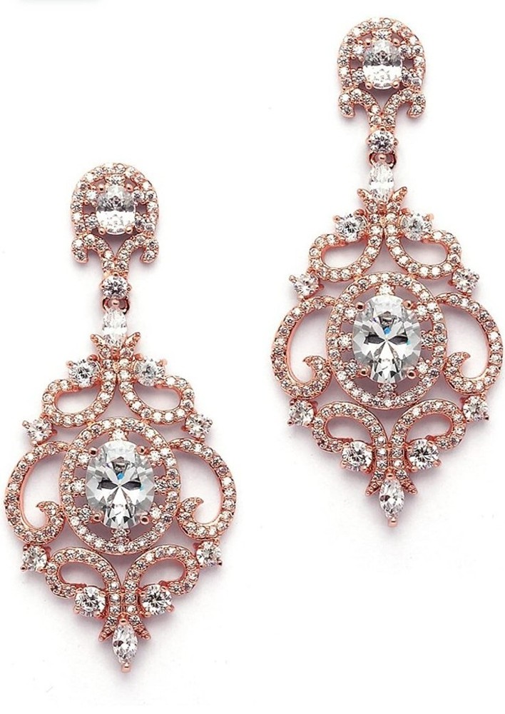 NEW MARIELL Victorian Scroll Cubic Zirconia Chandelier Earrings - Rose Gold