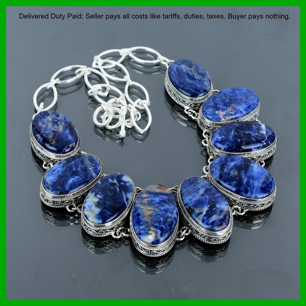 Sterling Silver Sodalite Stone Chain Boho Vintage Cyber Monday Daughter Necklace-image