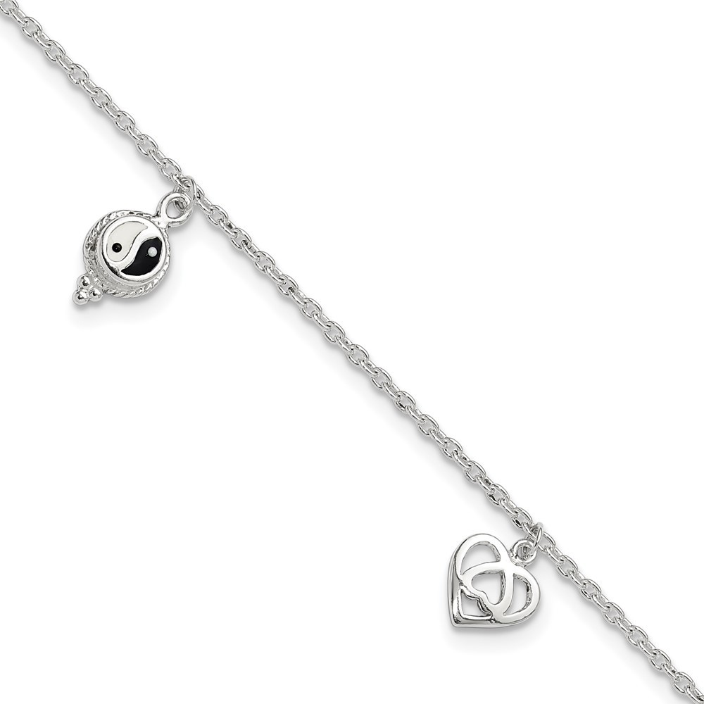 925 Silver Heart & Peace Sign Anklet 8in w/1in Ext 3.56g