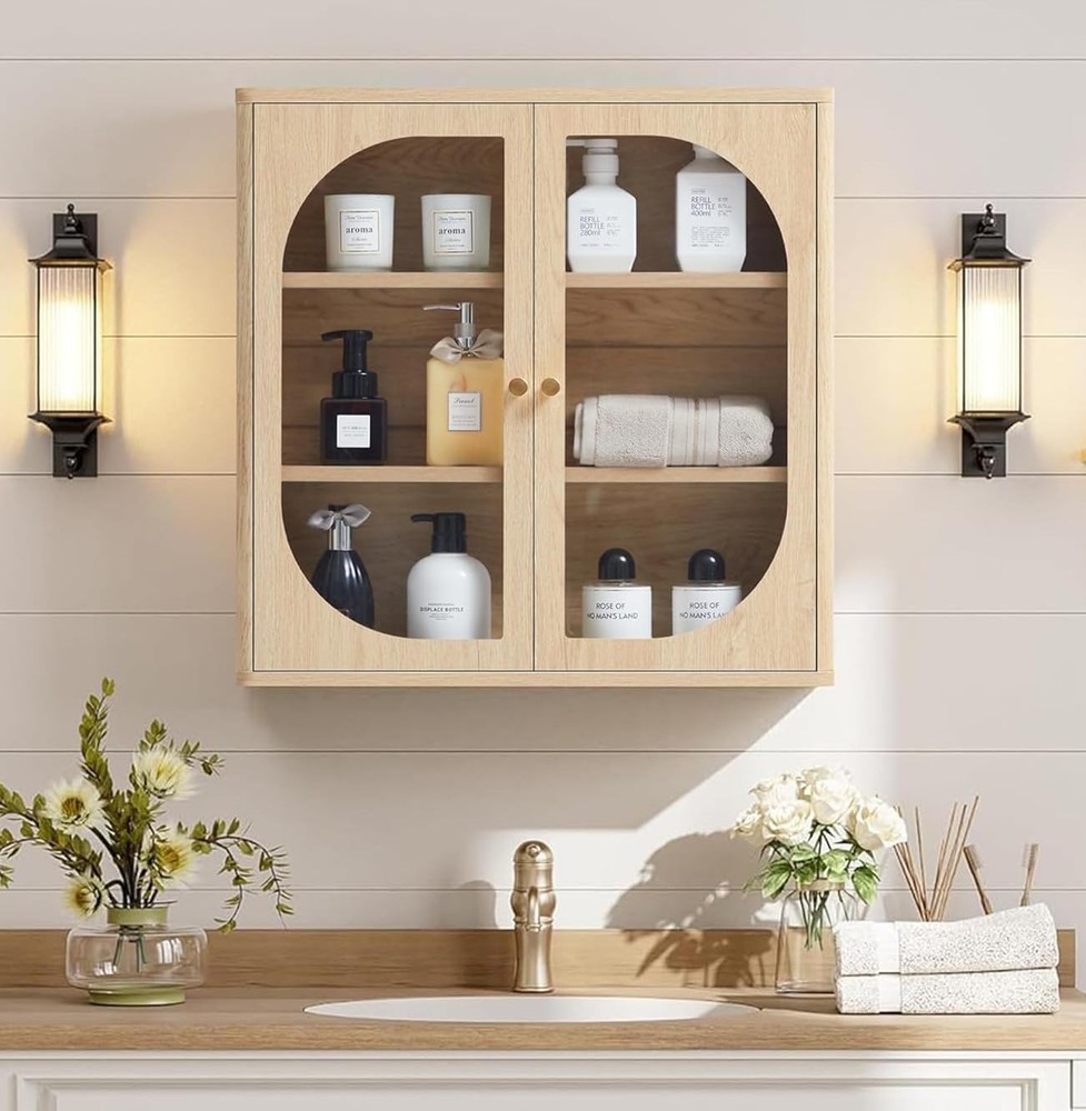 Arched Wooden Bathroom Wall Cabinet with Adjustable Shelf - Curved Design