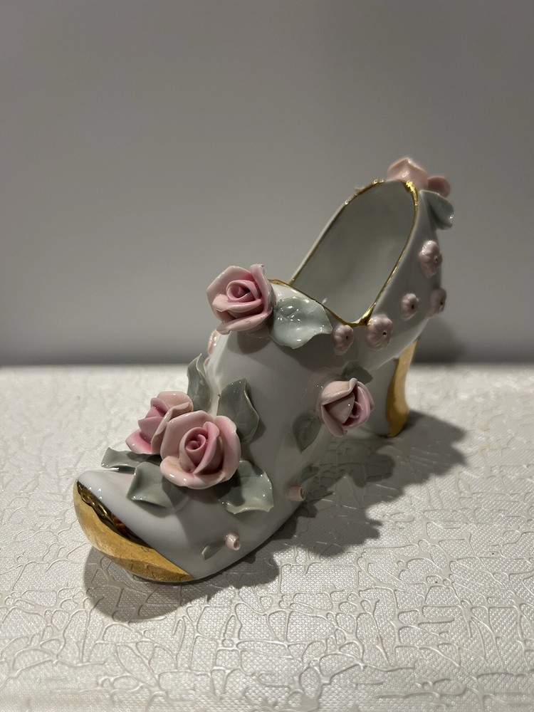Vintage Hand Painted Porcelain Japanese Victorian Shoe Roses & Gold Trim Napco