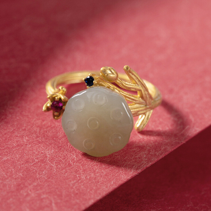 Green Jade Lotus Rings Women Jewelry Natural Adjustable Ring 925 Silver