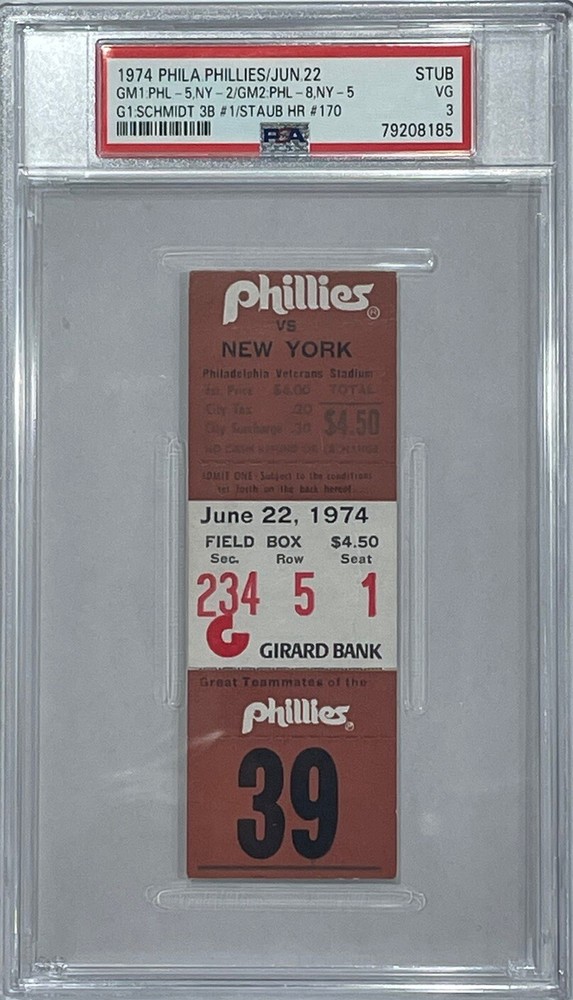 6-22-74 Mike Schmidt 1st ML 3b Triple Phillies Ticket HOF - PSA 3 VG