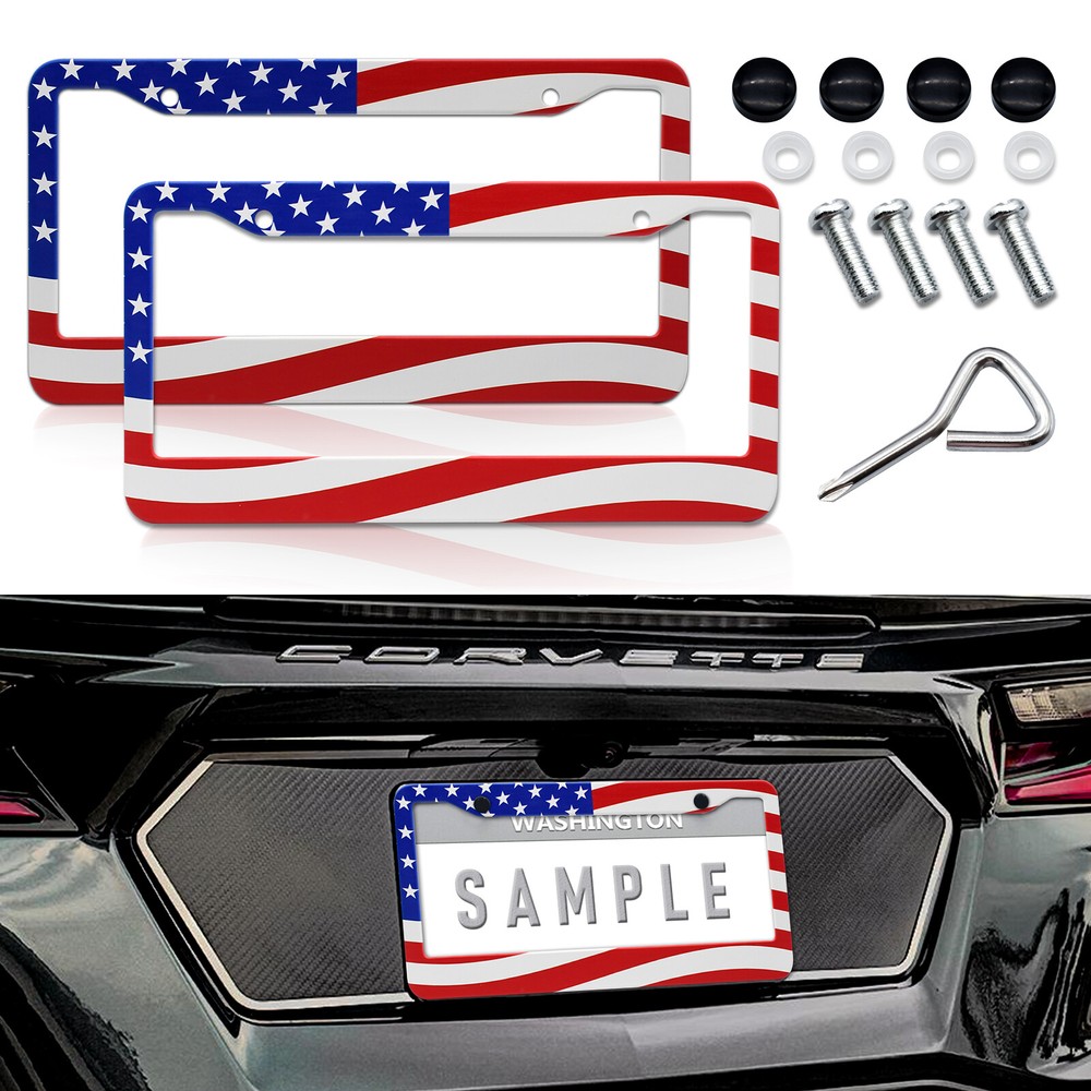 2X For Chevrolet Accessories US Flag Patriotic Truck License Plate Frames Cover