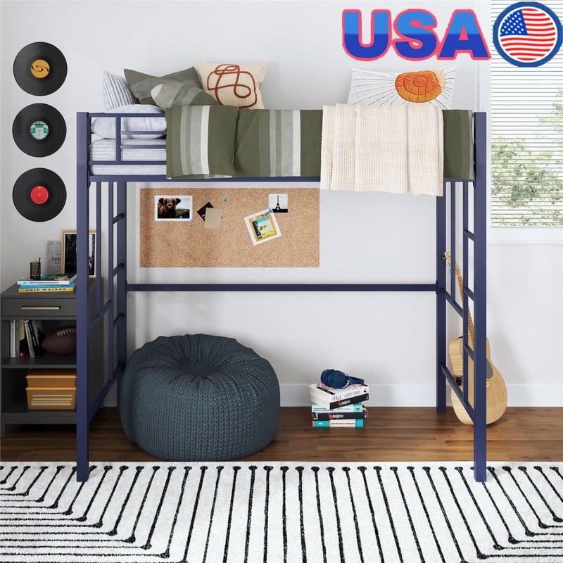 Twin Metal Loft Bed Space Saving Kids Teens W/ Safety Guardrails & Ladders New