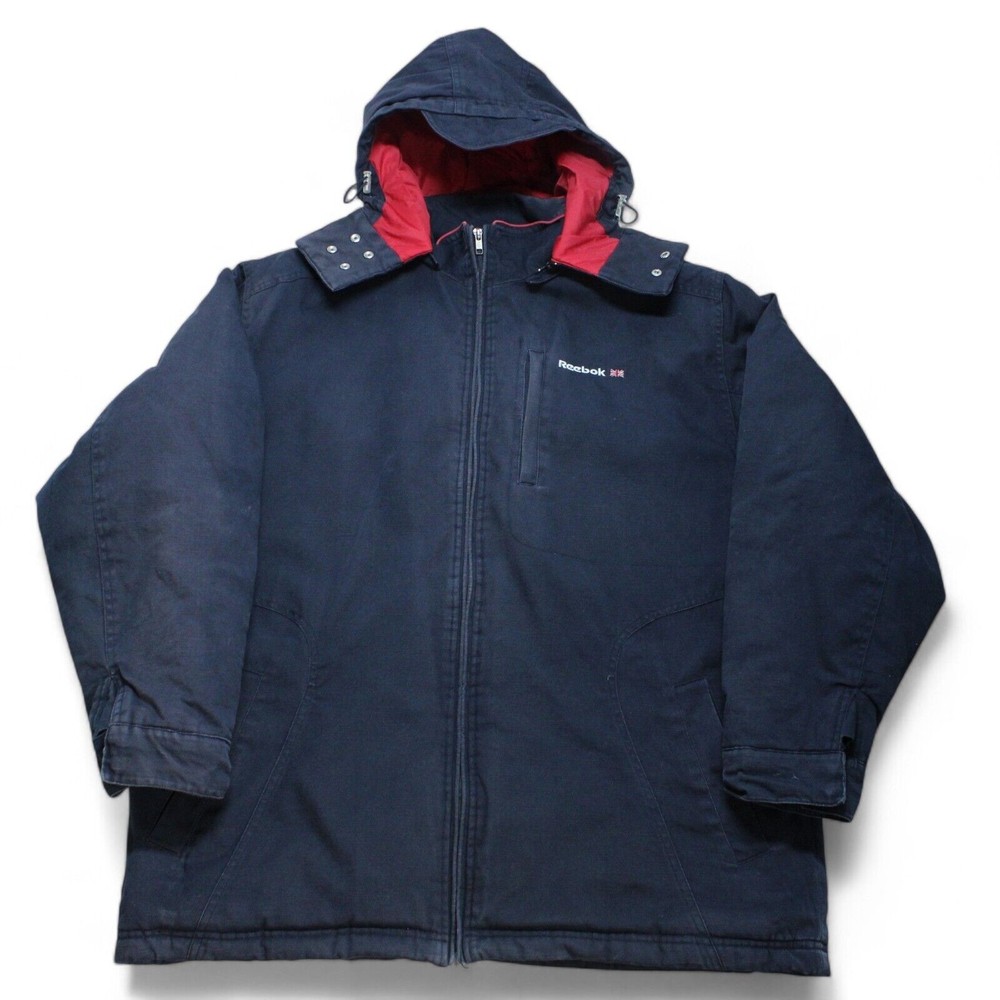 REEBOK Hooded Canvas Jacket Mens Large Coat Zipper Spellout Vintage Padded 90s