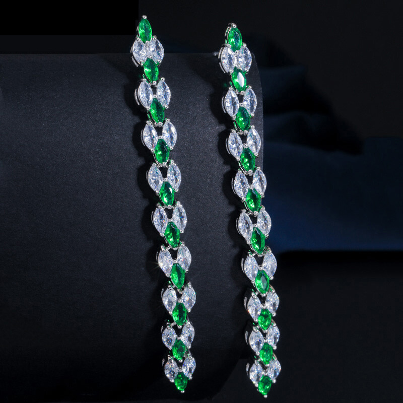 Green Cubic Zirconia Leaf Drop Earrings in Silver Plated Finish