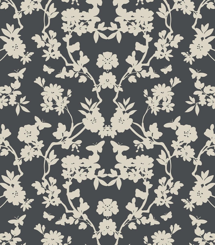 Vintage Peel and Stick Wallpaper - Floral Damask Pattern in Charcoal Black an...
