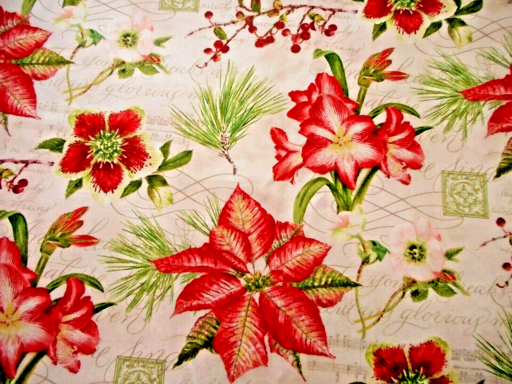 Festive Red Green Poinsettia Pine Ivory Cotton Fabric by the Yard #7 #C