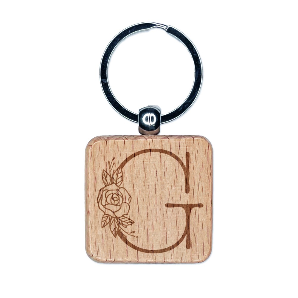 Rose Typewriter Font Capital Letter G Engraved Wood Square Keychain Tag Charm