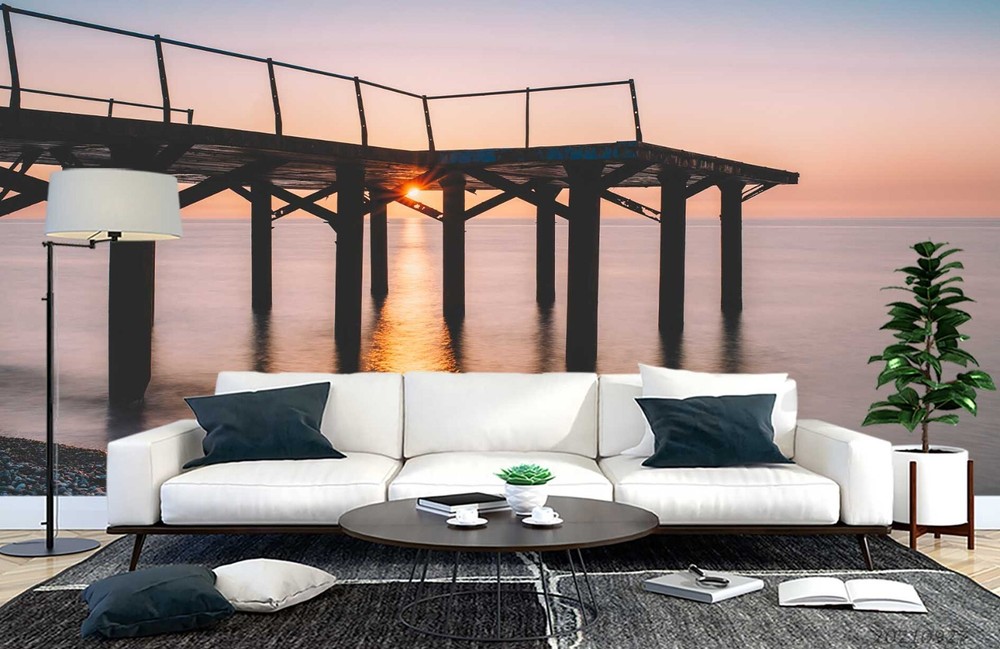 3D Sunset Sky Sea Pier Scenery Wall Murals Wallpaper Murals Wall Sticker