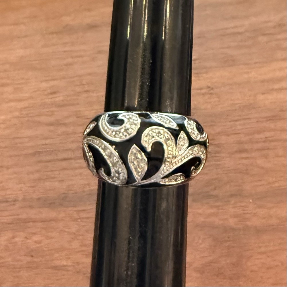 Beautiful VIntage Designer Signed ADI 925 Black Enamel CZ Dome Ring, Size 7