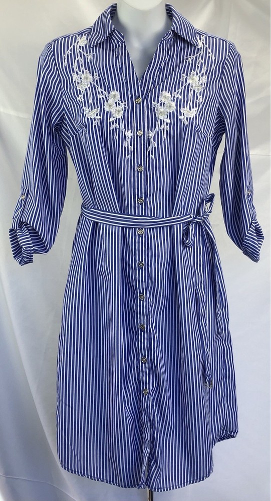 Vintage Shirt Dress S Blue/Wht Stripe knee length Roll tab CottageCore Retro