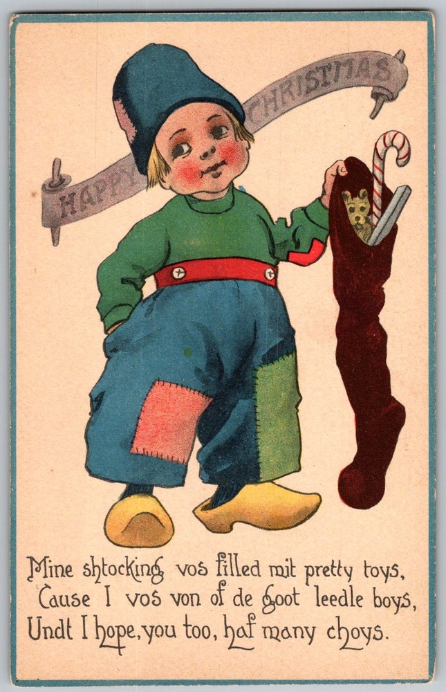 Antique Postcard Boy Christmas Stocking 1910s