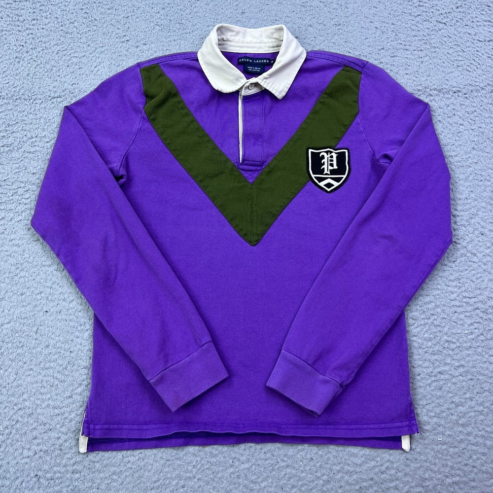 Ralph Lauren Rugby Shirt Youth M Shirt Long Sleeve Purple V Stripe Patch Logo