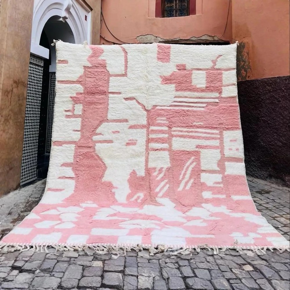 Handwoven Moroccan Wool Rug: Blush Pink Abstract Berber Carpet