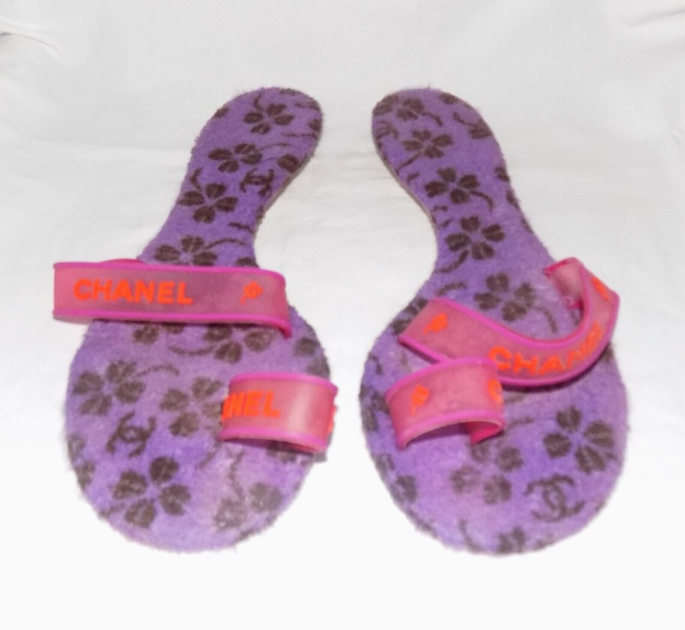 CHANEL Purple Terry Cloth Pool Slides with Pink Jelly Logo Straps EU 40