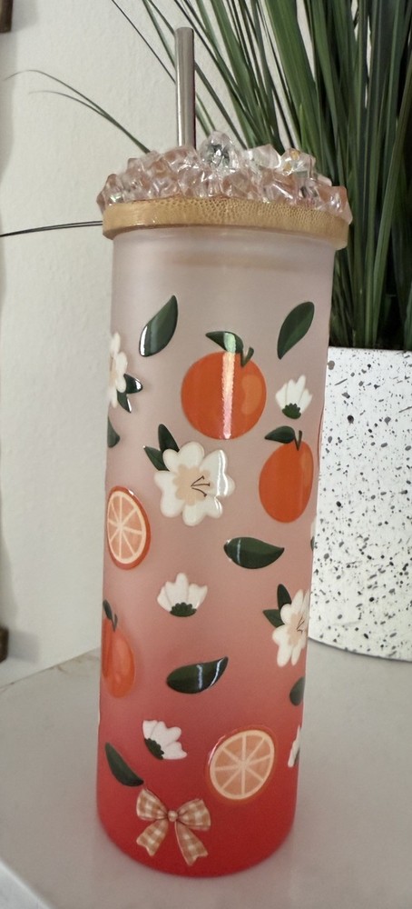 17 oz frosted ombré citrus glass tumbler with bamboo faux ice topper