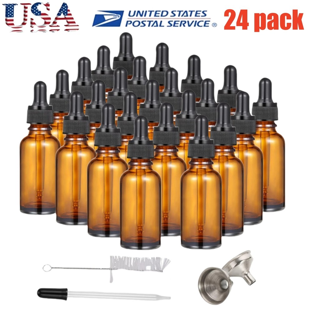 24 pack 1oz Glass Eye Dropper Bottle w/ Stainless Steel Funnels Cleaning Brush