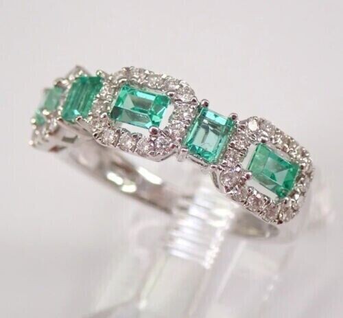 Emerald Cut Green Simulated Gemstone Wedding Band in 14K White Gold Plated