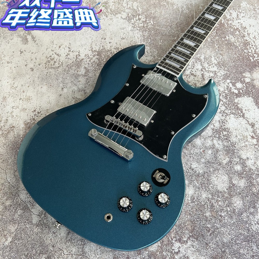 USA Warehouse SG Handmade Blue Silver Electric Guitar with Chrome Parts and HH Pickups