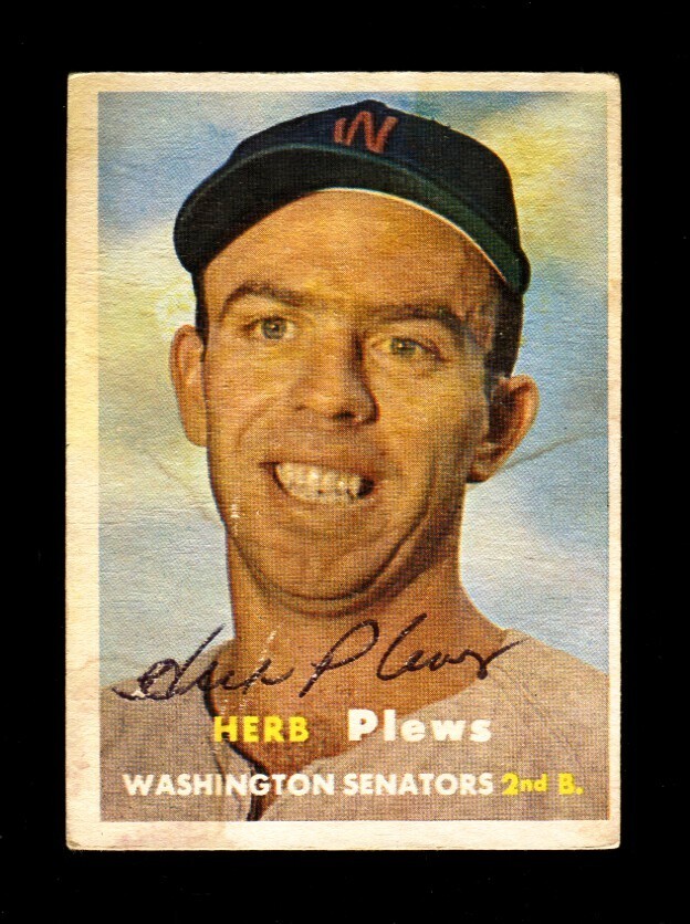 1957 TOPPS HERB PLEWS #169 SENATORS SIGNED AUTOGRAPH