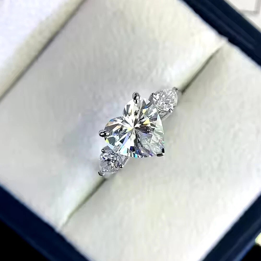 3.00 CT Heart Cut Moissanite Three Stone Engagement Ring 14k White Gold Plated