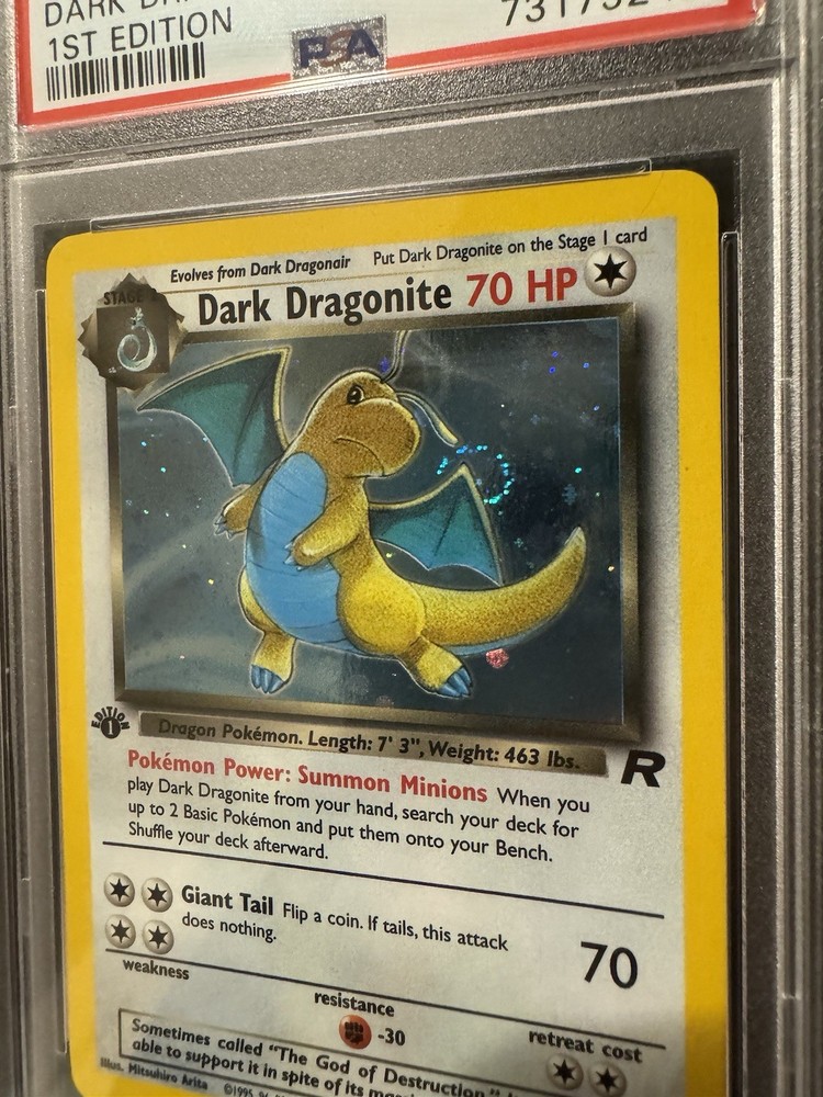 Dark Dragonite #5 1st Edition Team Rocket PSA 8 Perfect Swirl Around Wing! 💫