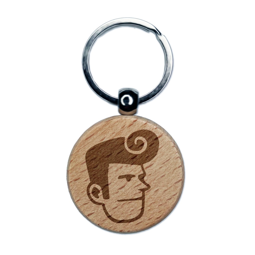 Rockabilly Pompadour Man Engraved Wood Keychain Charm  