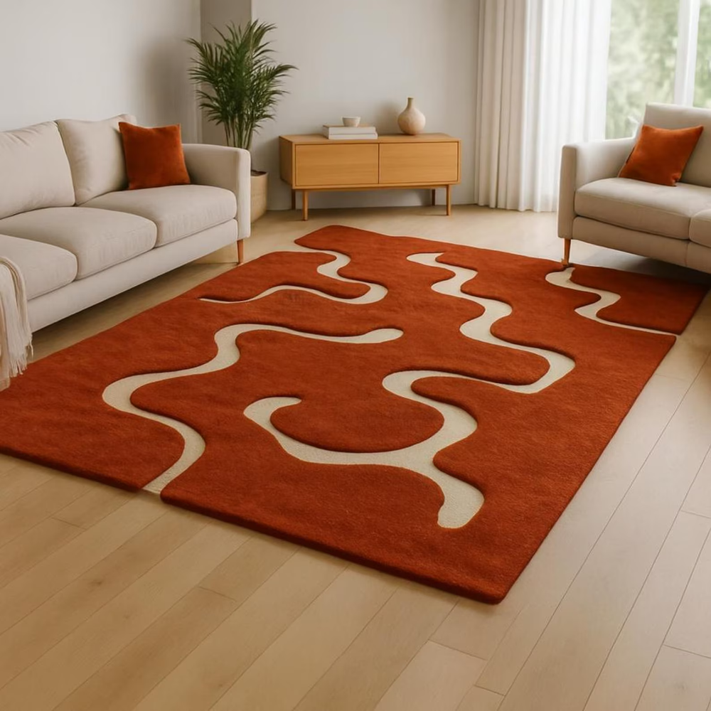 Handtufted Wool Rug | orange Modern Carpet | Living Room Decor