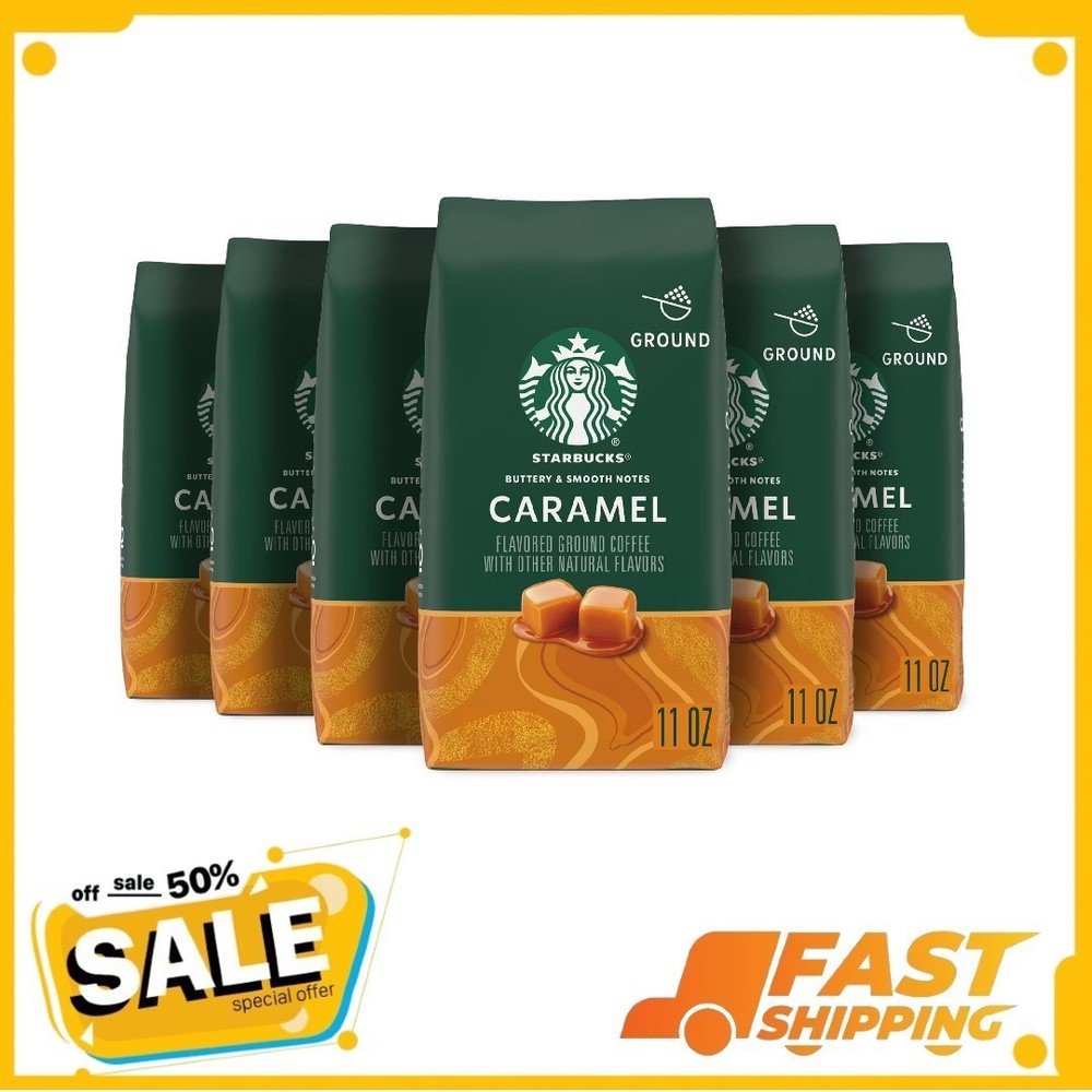 (6 pack) Starbucks Caramel, Ground Coffee, Flavored Hot or Iced Coffee, 11 oz