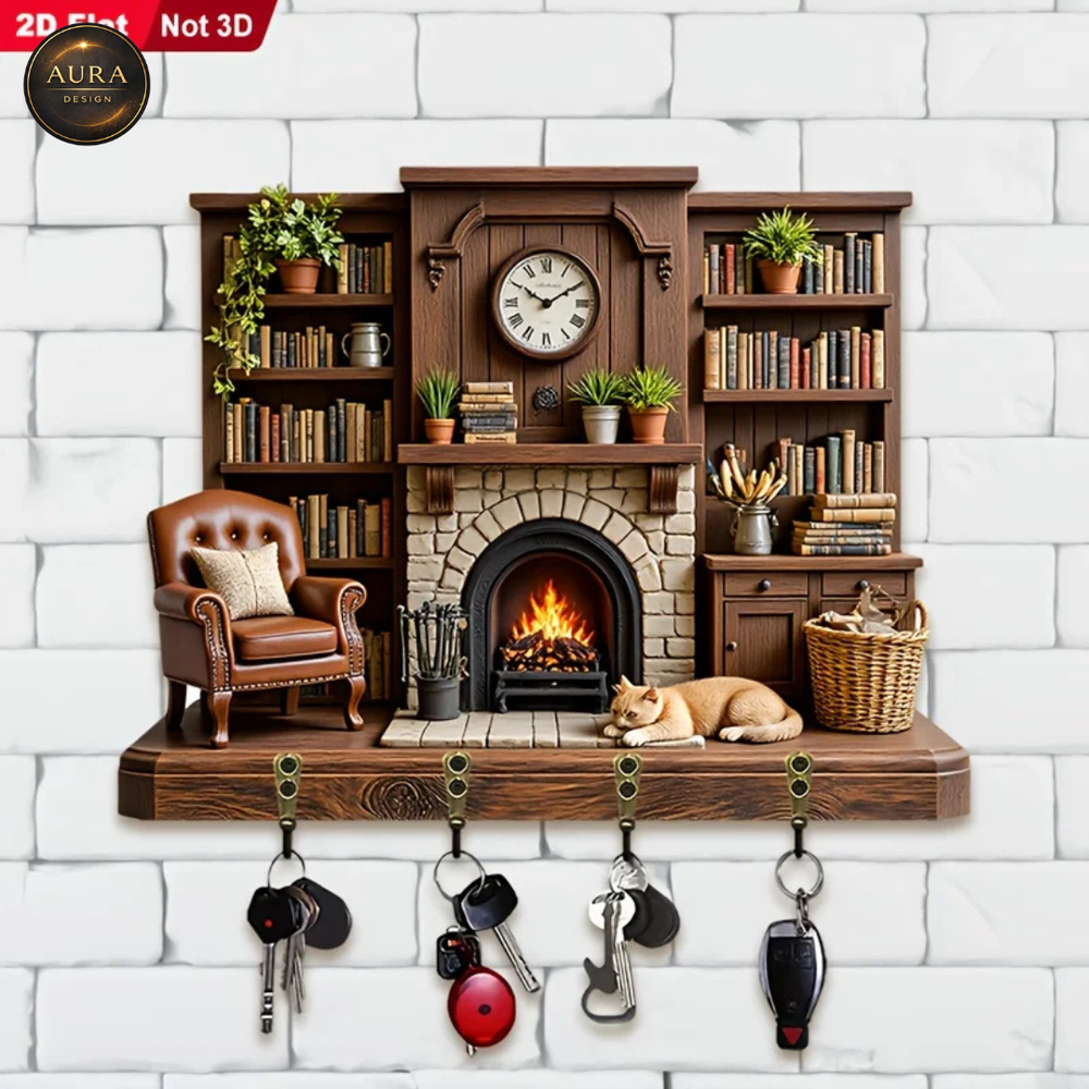 Wall Keychain 30cm - Retro Living Room Organizer 2D 4 Hooks Entrance