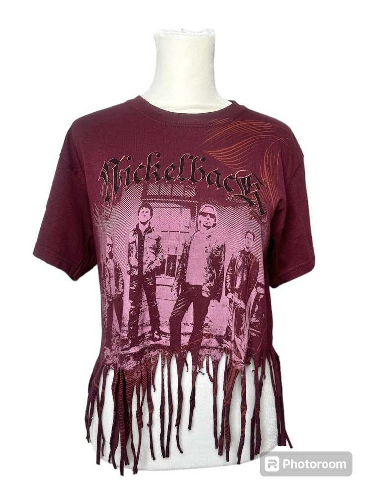 Nickleback Band Tee Distressed Fringed Hem Concert Grunge Rock S/M** Burgundy