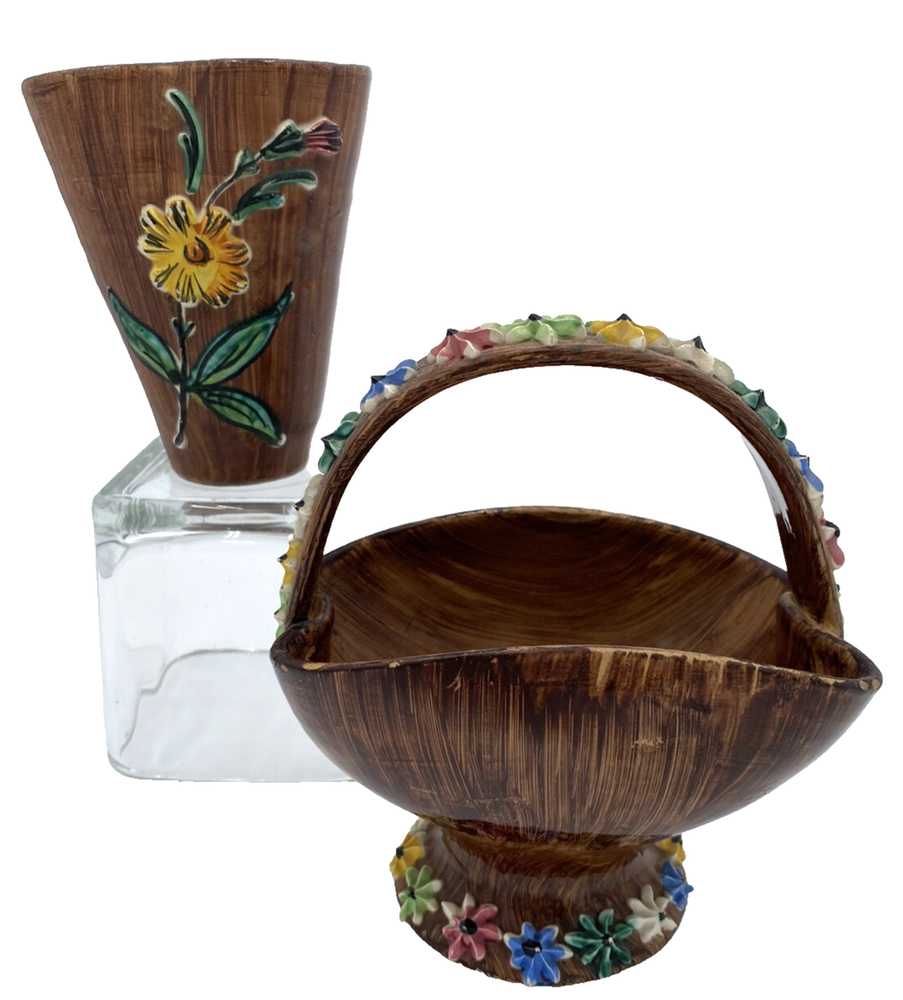 Vintage 1950s Italian Pottery Basket Vase with Hand-Painted 3D Raised Flowers