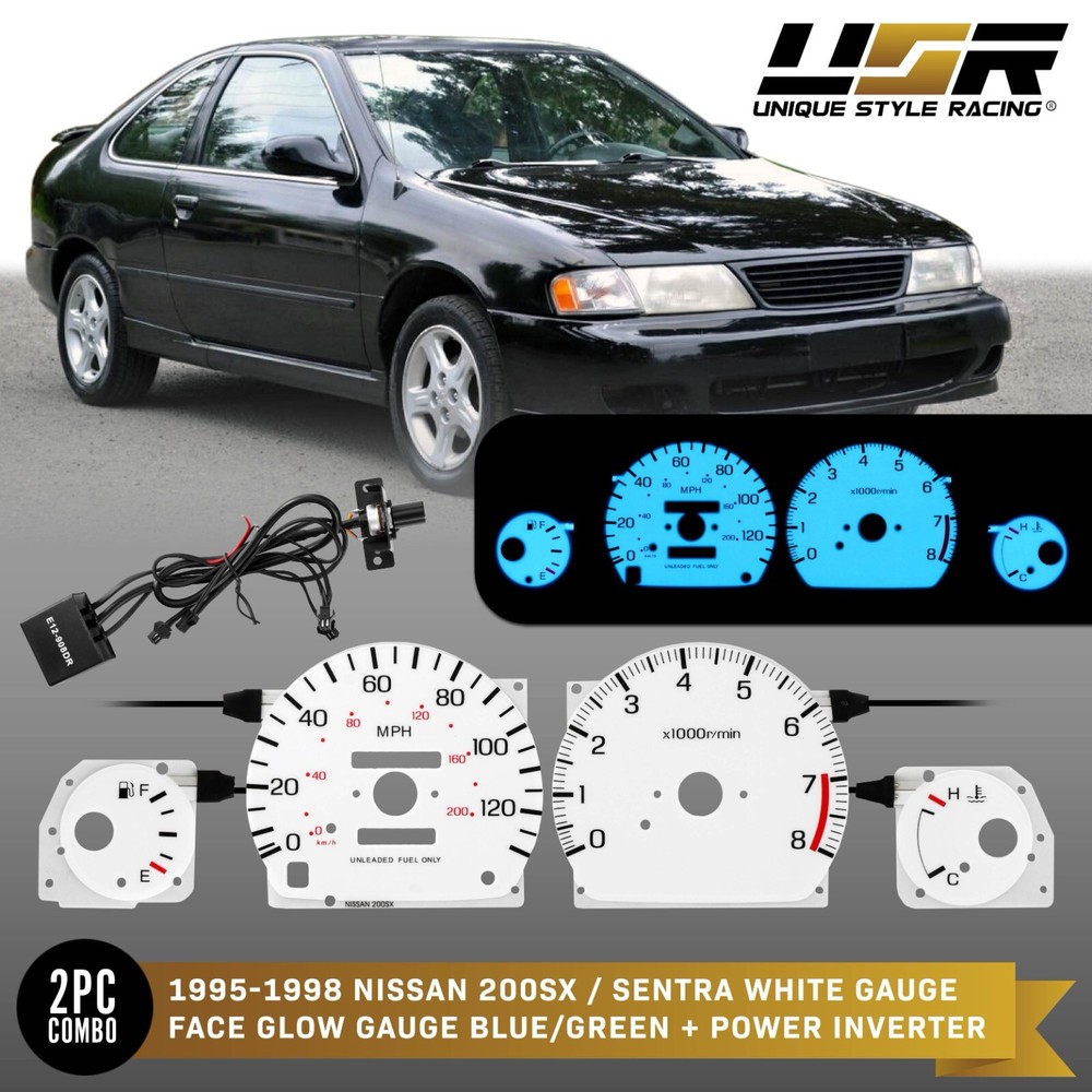 95-98 Nissan 200SX/Sentra Blue/Green Glow Gauge White Overlay 130MPH Cluster