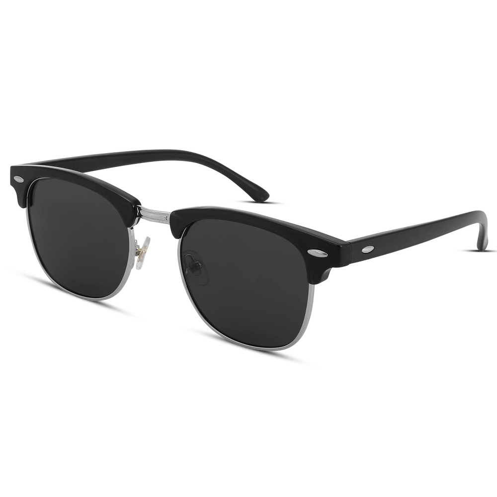 Classic Semi Rimless Polarized Sunglasses with Metal Rivets (Black/Silver Rim...