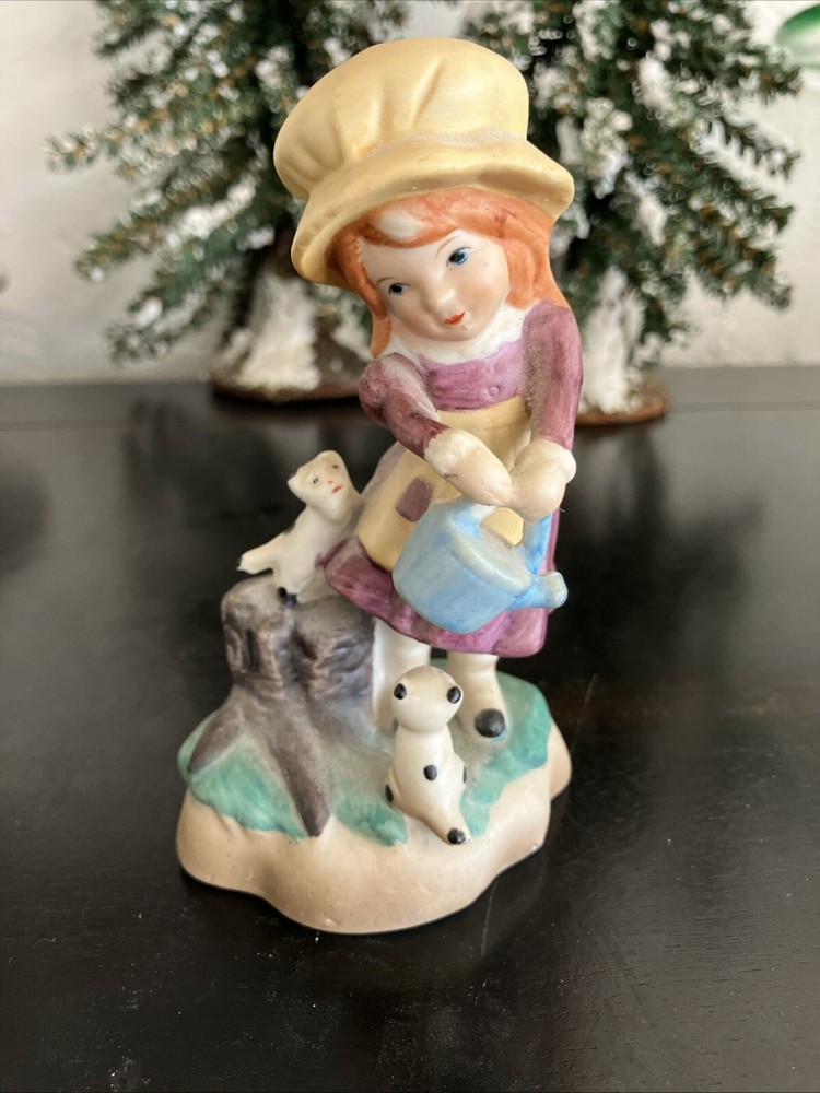 Yellow Bonnet Girl Kittens Figurine Purple Dress Watering Can Porcelain Vintage