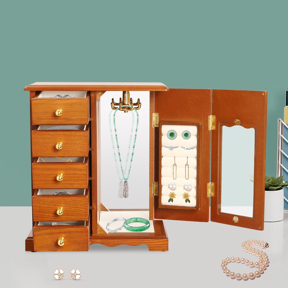 Wooden Jewelry Box Jewelry Storage Cabinet Organizer Mirror With 5 Drawers