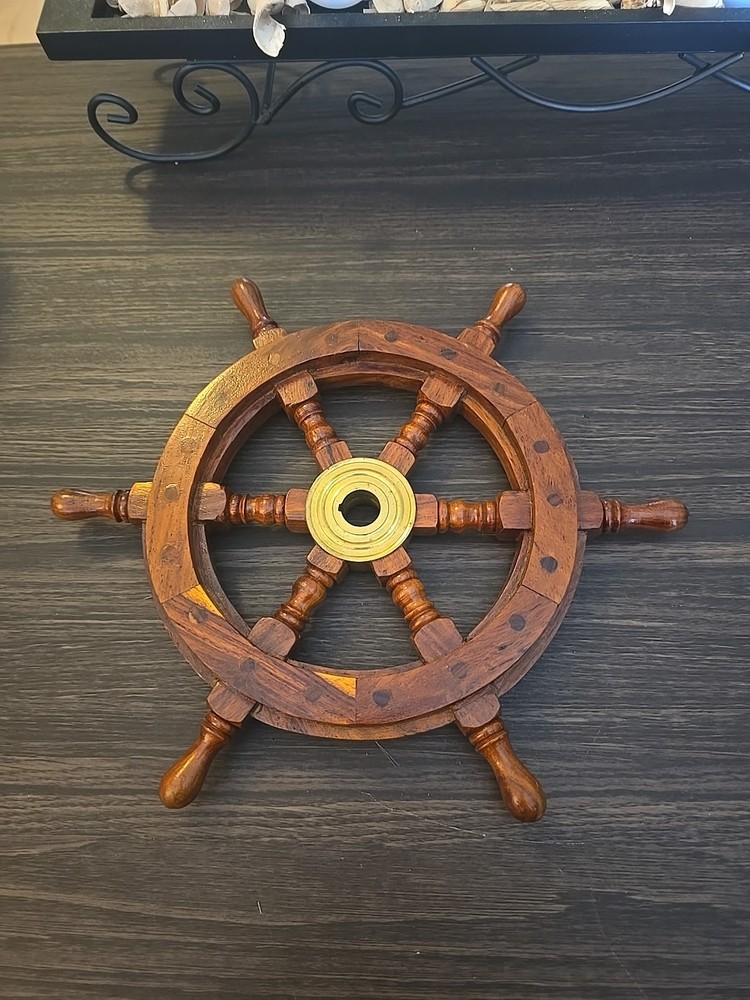 Ship Wheel Wall Decor Wood and Brass Traditional Maritime Style Decor 13