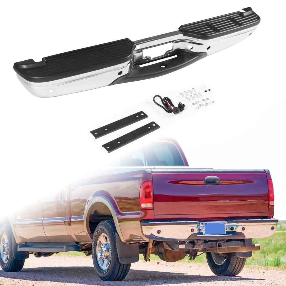 FIT FOR 1999-2007 FORD F-250 CHROME REAR STEP BUMPER W/ PARK SENSOR HOLES