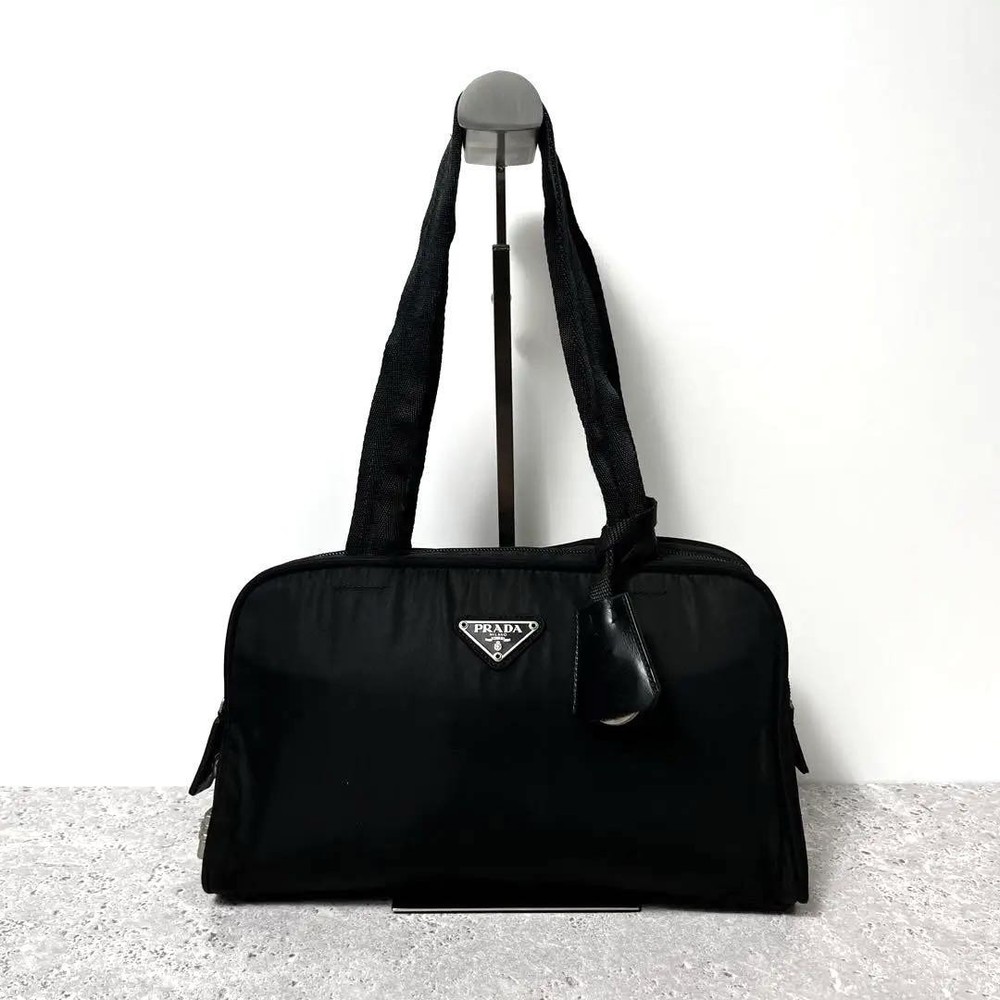Prada Mini Boston Tote Bag Black Nylon Locking Closure Pre-Owned