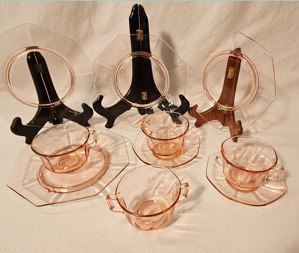 Vintage Pink Depression Glass Set - Cambridge Glass Decagon Plates Cups Saucers