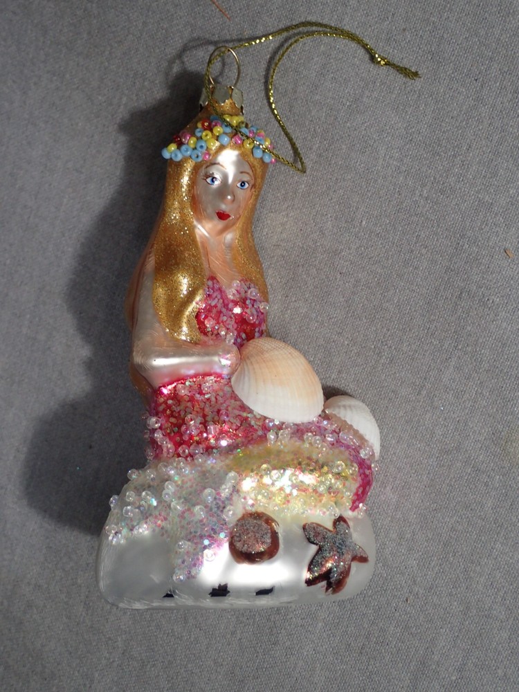 Mermaid Glass Christmas Ornament Pink Sitting On Shells