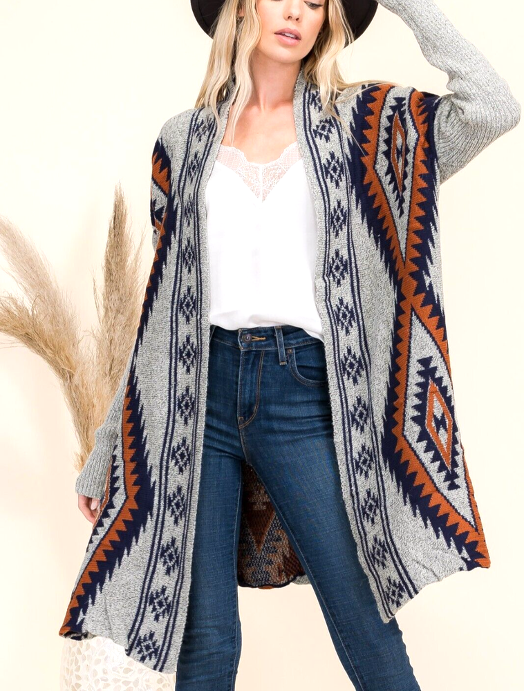 Aztec Print Gray Long Cardigan Sweater, Southwest Knit Cadi