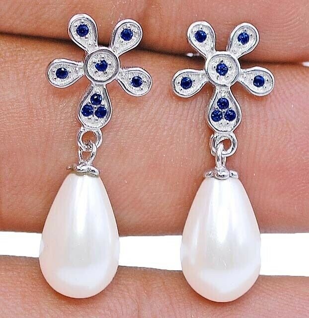0.5CT Freshwater Pearl with Treated Sapphire 925 Sterling Silver Earrings YB1-2