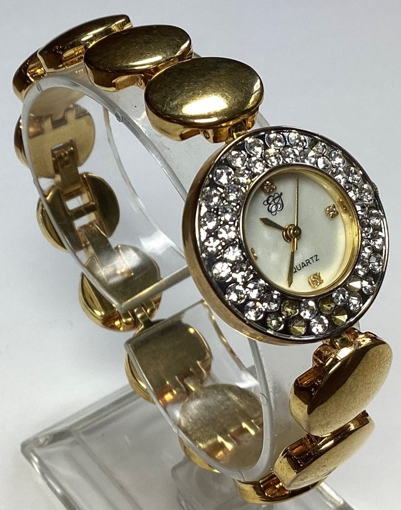 Elizabeth Taylor Vintage Watch Gemmed Bezel MOP Gold Medallion Band New Battery