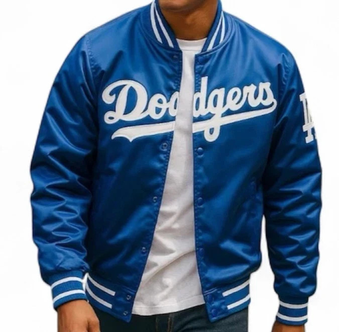 Mens LA Dod-Gers 90s Athletic Jacket Blue Satin Bomber Style Varsity Jacket
