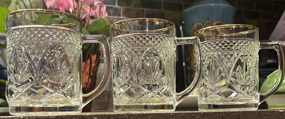 3 Luminarc Cristal d' Arques Gold Rim Cut Glass Mugs
