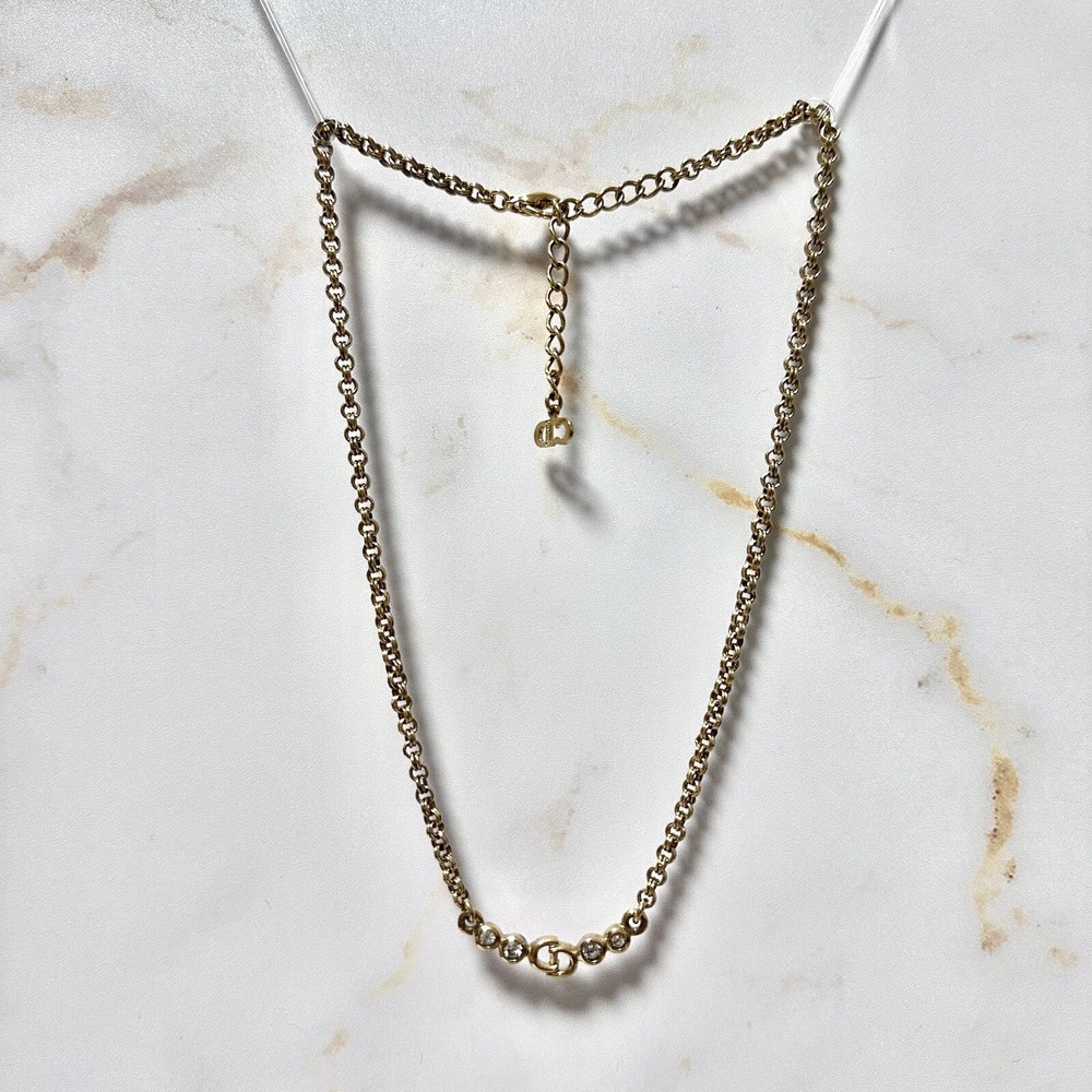 Dior Logo Rhinestone Necklace Gold Plated Authentic Luxury